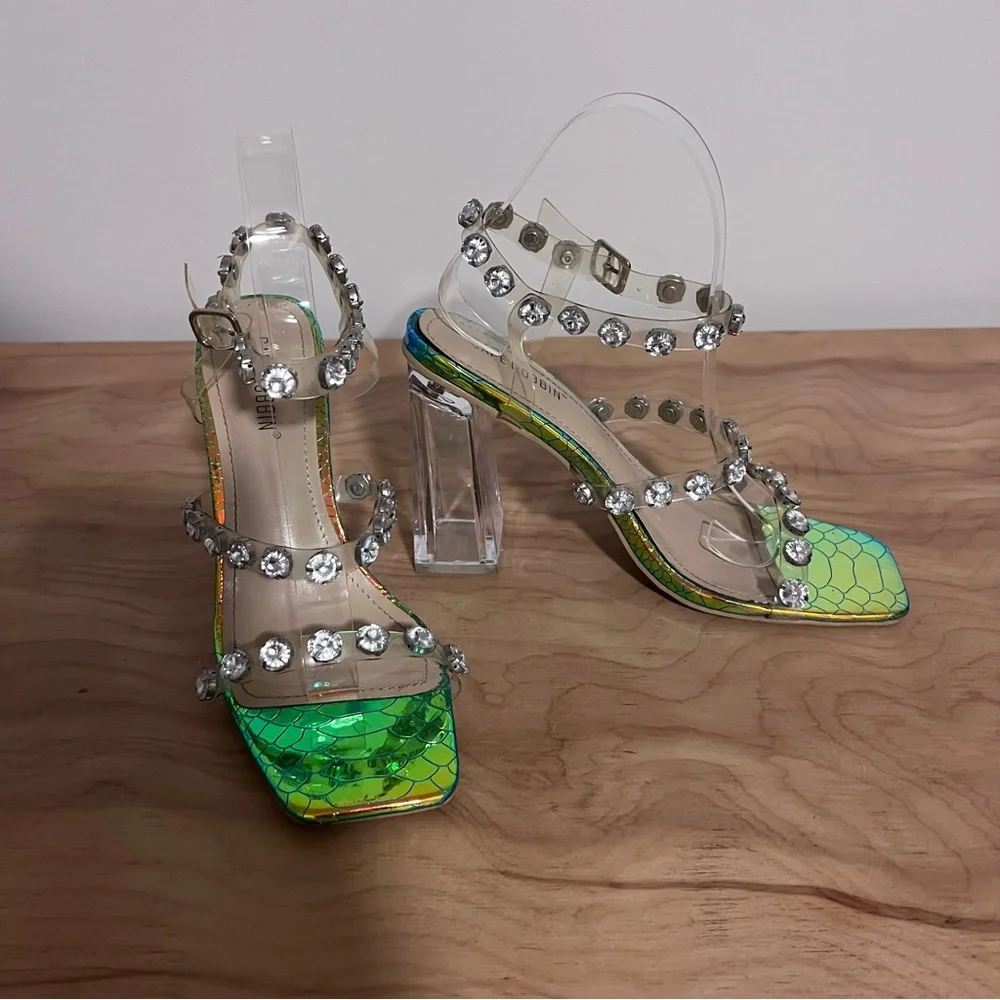 Cape Robbin Rhinestone Strap Clear Block Heels
